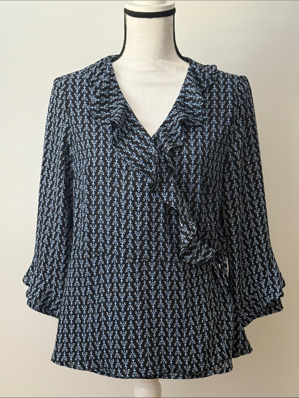 Worthington Women's Black and Blue Floral Ruffle Wrap Blouse